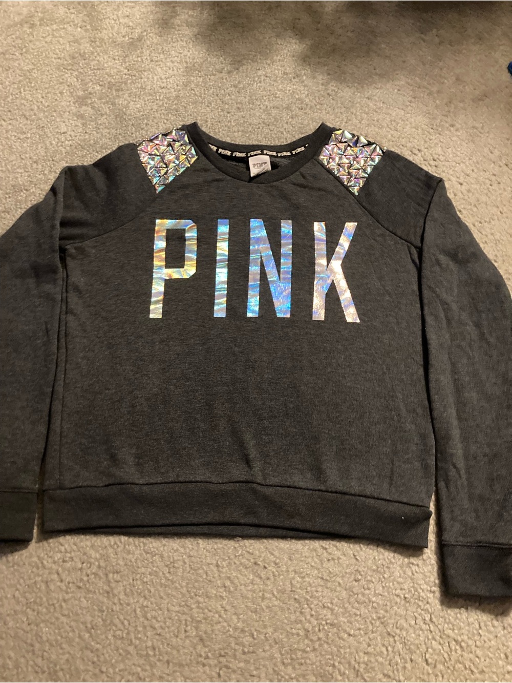 PINK Victoria's Secret Dark Gray Sweatshirt with Holographic Logo